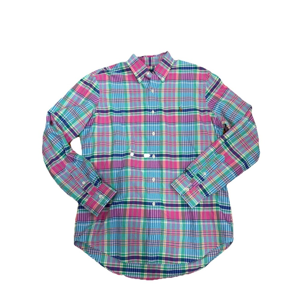 Ralph Lauren Oxford Shirt Men L Madras Plaid Cotton Long Sleeve Pink Green Blue
